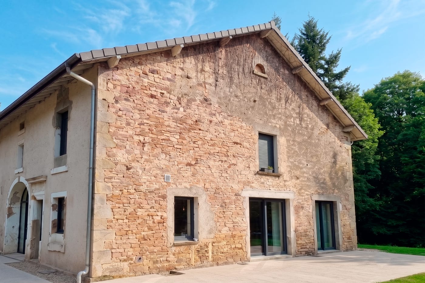 Façade de ferme en pierre avant nettoyage et rejointoiement