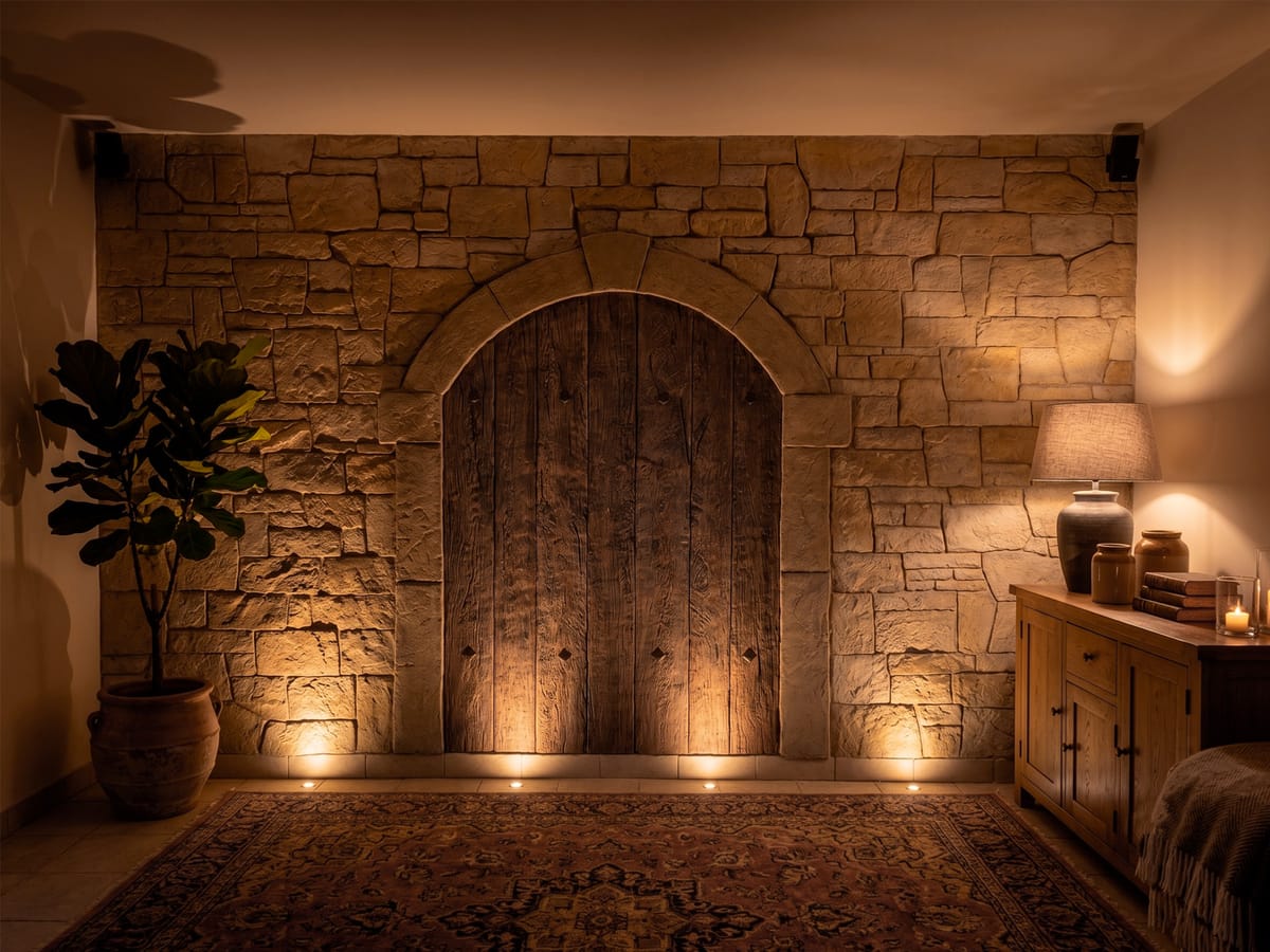 Porte voûtée en bois avec encadrement en imitation pierre et éclairage d’ambiance