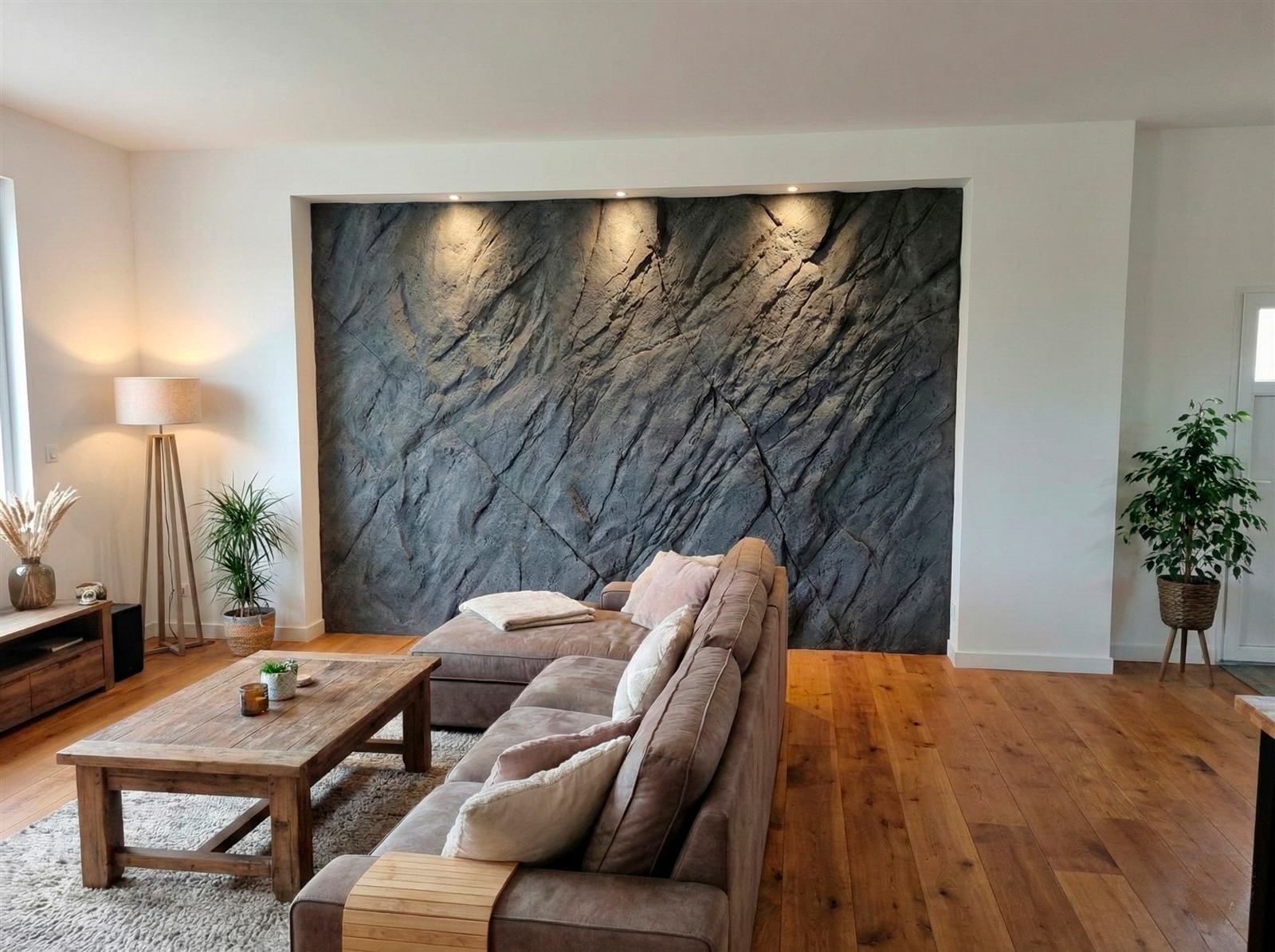 Salon avec paroi rocheuse sculptée sur mesure