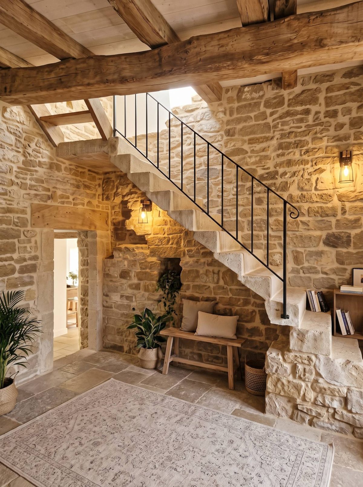La même entrée après : pierres nettoyées et rejointoyées à la chaux, escalier en pierre dégagé, poutres et dallage en pierre