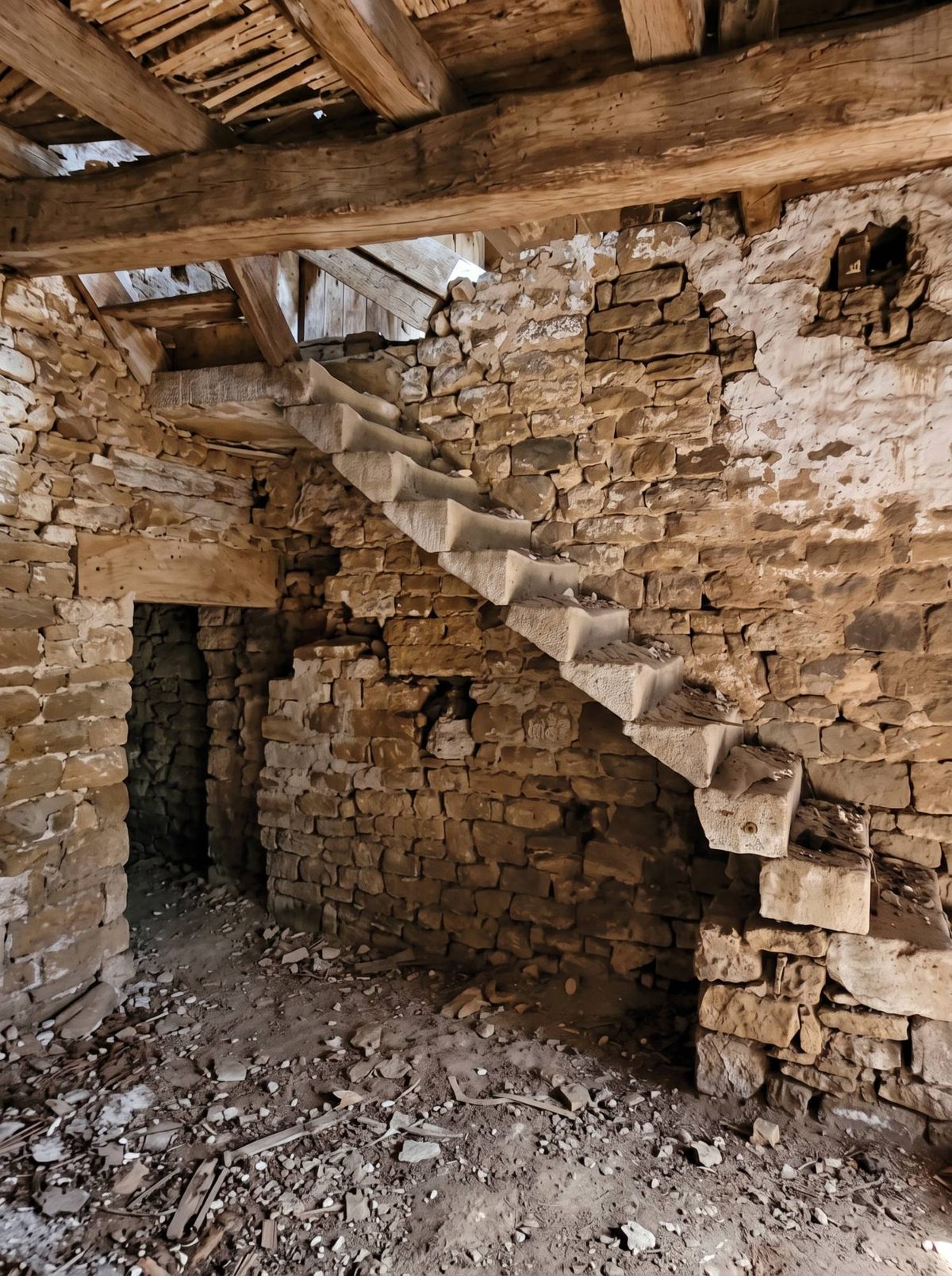 Entrée d’une maison ancienne avant travaux : escalier en pierre, murs en pierre aux joints en sable et restes de vieux plâtre, gravats au sol