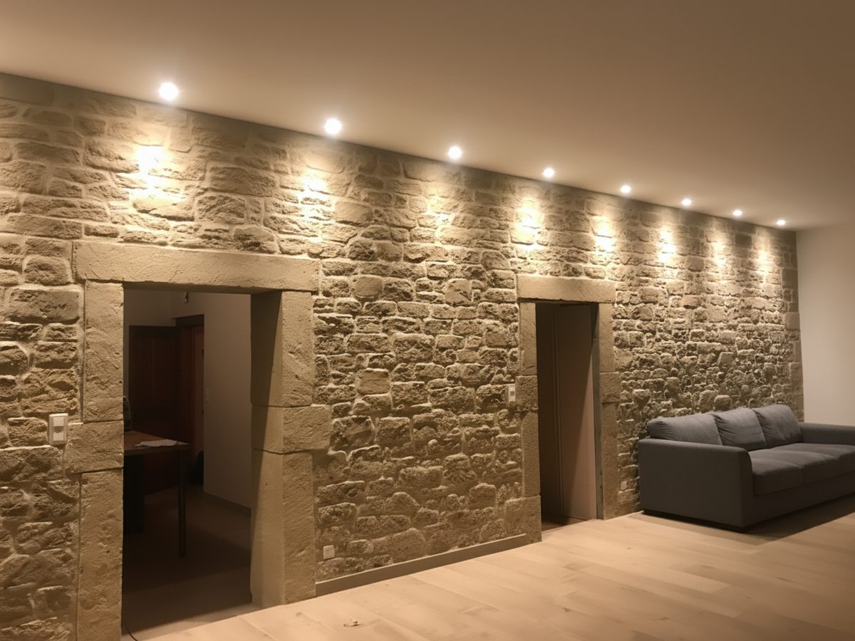 Mur de salon en pierre jointée avec deux encadrements de porte en pierre de taille