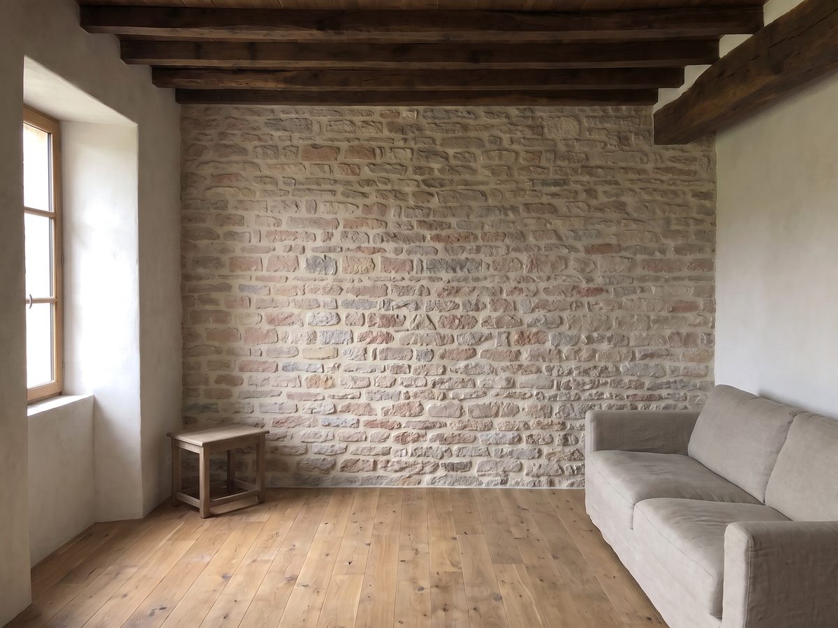 Salon d’une maison ancienne : mur du fond en pierre rejointoyée à la chaux, murs latéraux en enduit à la chaux taloché blanc cassé