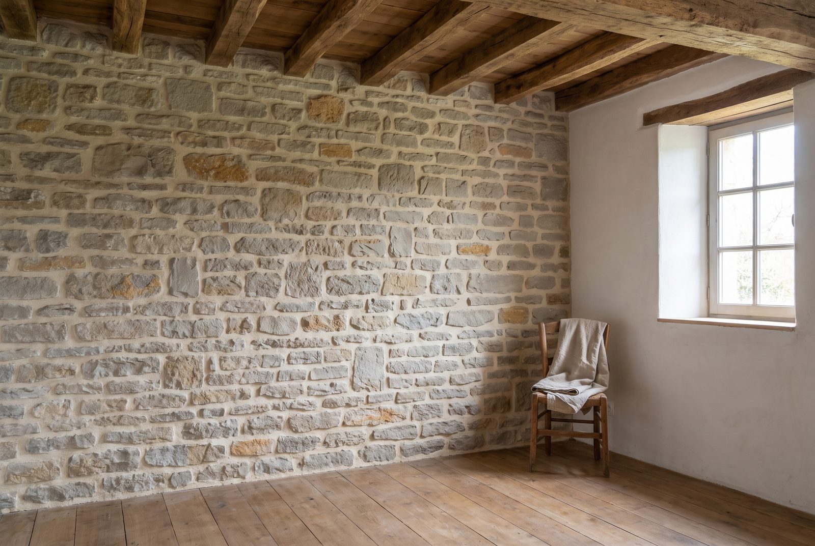 Chambre d’une ferme ancienne : mur en pierre nettoyé et rejointoyé à la chaux, plancher et poutres en chêne