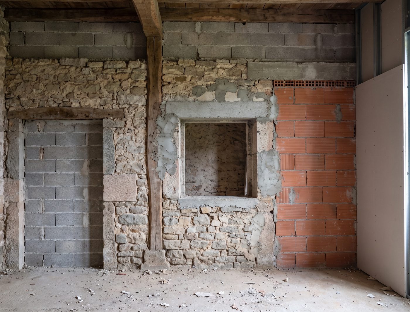 Mur intérieur d’une maison ancienne mis à nu : pierre d’origine, porte rebouchée en agglo, reprise en brique, linteau en béton et cloison en placo