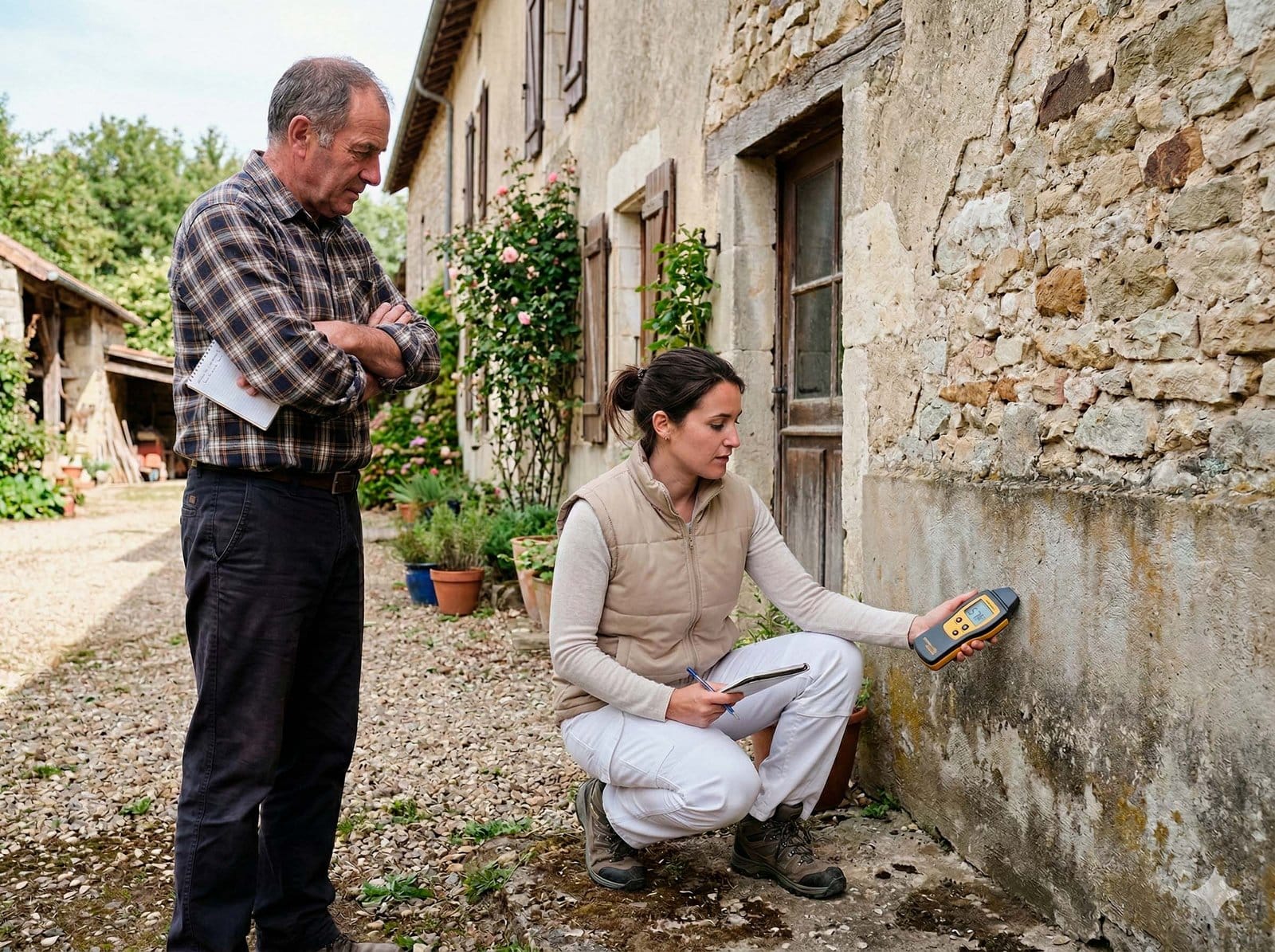 Techniciens Commedelapierre analysant un mur en pierre avec un appareil de mesure d'humidité