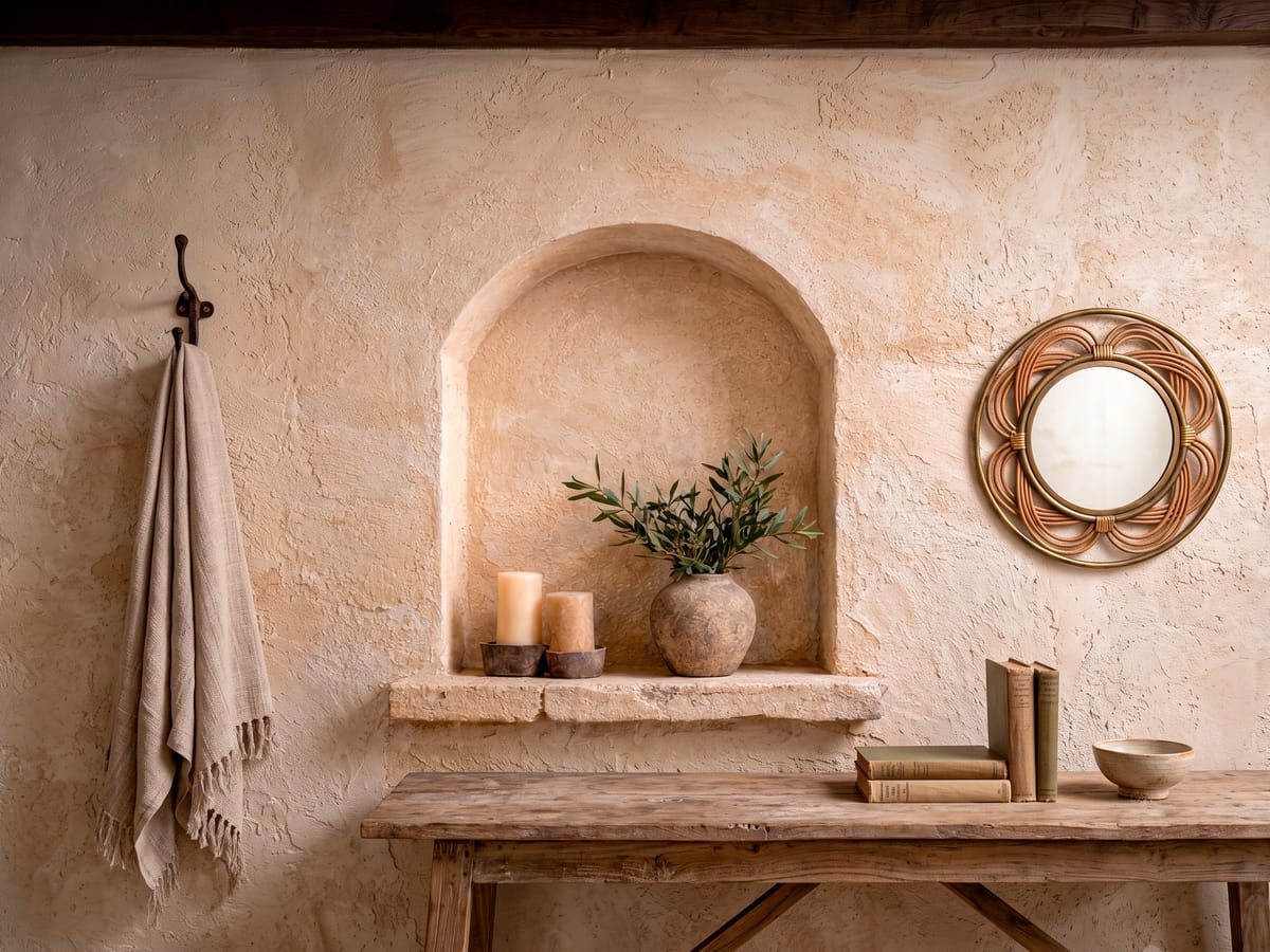 Mur intérieur en enduit à la chaux taloché à la main, niche et étagère en pierre