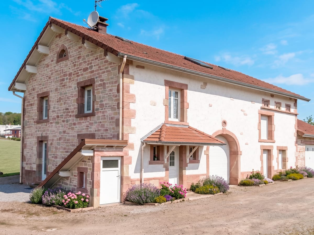Ferme ancienne : pignon en imitation pierre jointée et façade latérale en enduit à la chaux