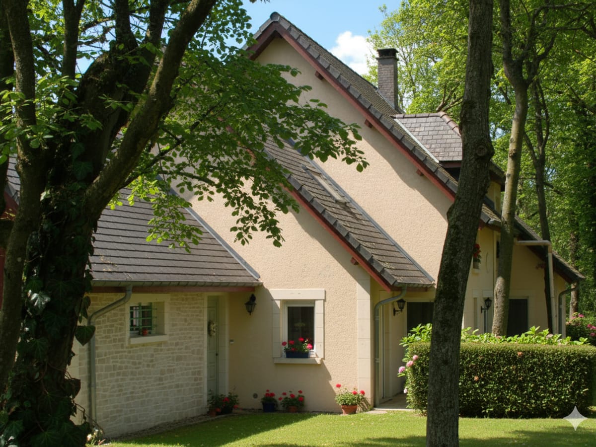 Maison contemporaine avec enduit à la chaux clair et soubassement en pierre