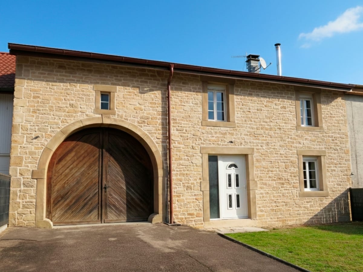 Corps de ferme en imitation pierre jointée avec grande porte cochère