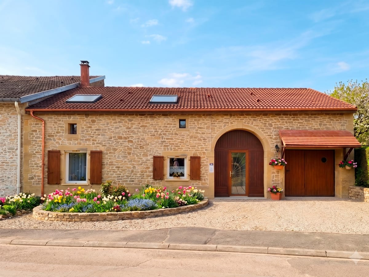 Maison en imitation pierre jointée avec encadrements contrastés