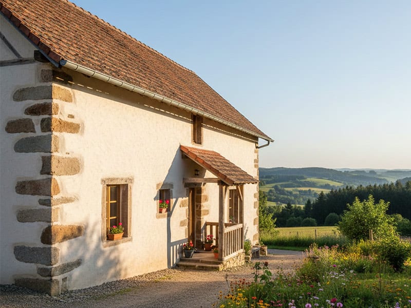 Façade avec enduit traditionnel à la chaux lisse beige - Maison rénovée dans les Vosges