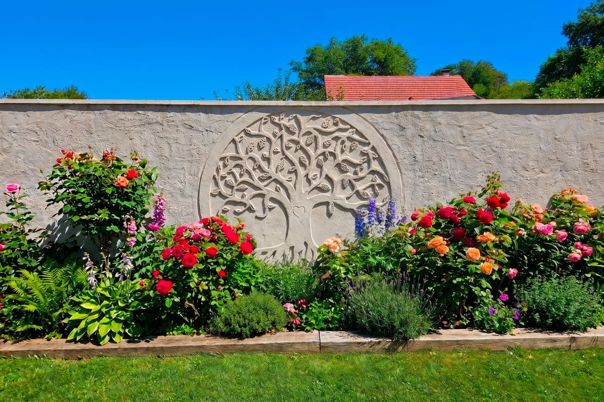 Fresque murale sculptée en pierre représentant un arbre de vie sur un mur de jardin